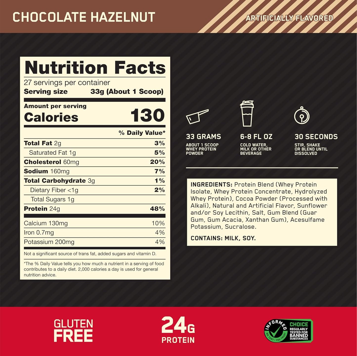 Optimum Nutrition Gold Standard Whey Protein, Chocolate Hazelnut, 2LB