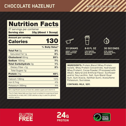 Optimum Nutrition Gold Standard Whey Protein, Chocolate Hazelnut, 2LB