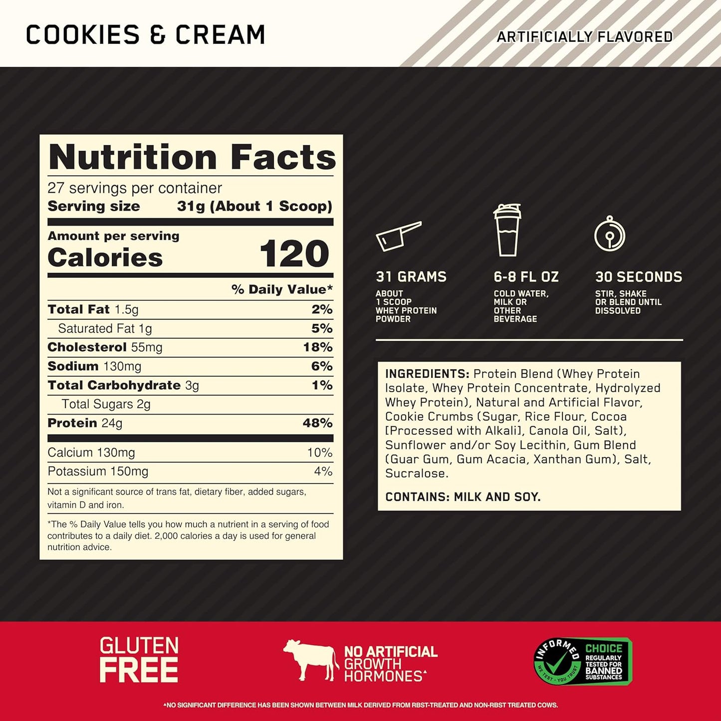 Optimum Nutrition Gold Standard Whey Protein, Cookies & Cream, 2LB